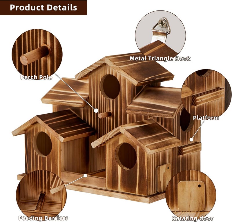 puyikes Bird House for Outside 5 Hole Bird Houses Room for 5 Bird Families Large Bird House for Garden/Courtyard/Backyard for Garden Decor-Finch Bluebird Cardinals Handmade Wooden Hummingbird House - Image 4
